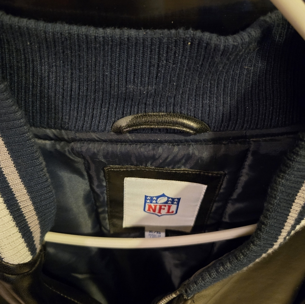 NFL Blue and Gray Varsity Bomber Jacket with Patch Embellishments - Picture 3 of 7